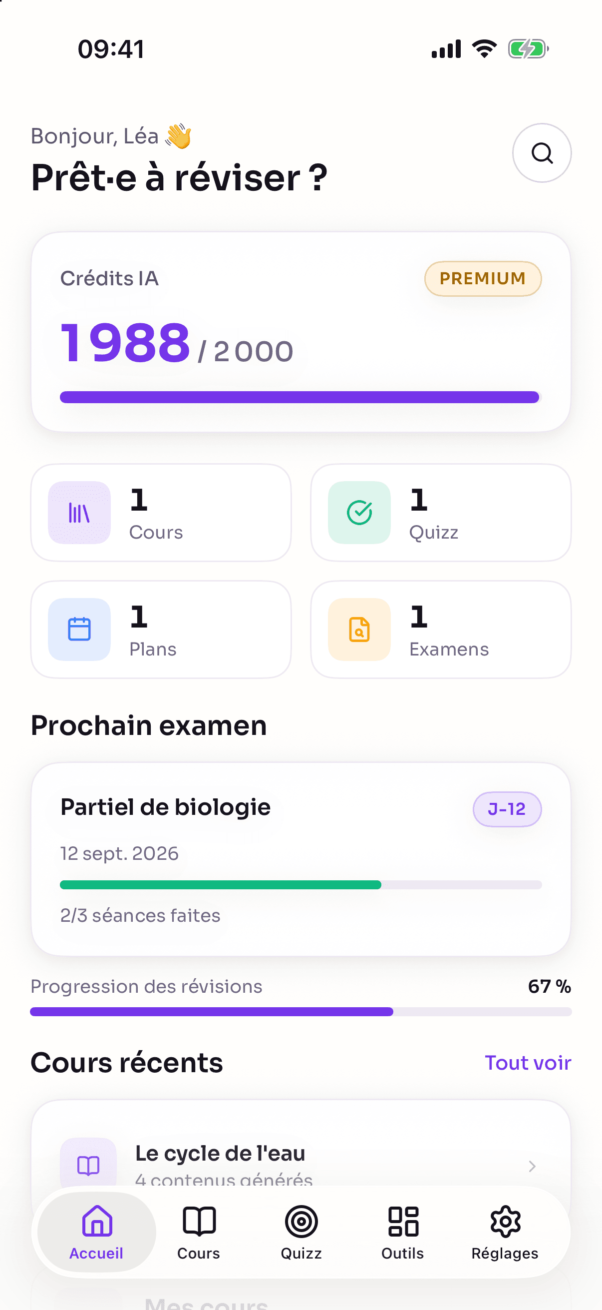 Accueil : prochain examen et progression